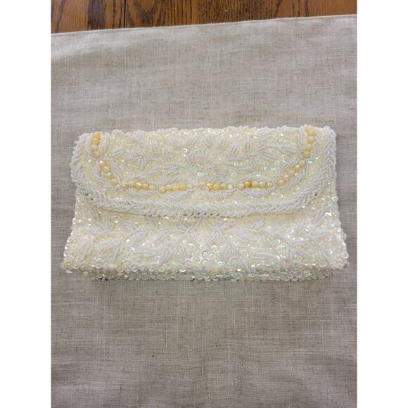 Vintage Beaded Clutch Purse, Off White Sequin Evening Bag, Double Sided - Picture 2 of 9